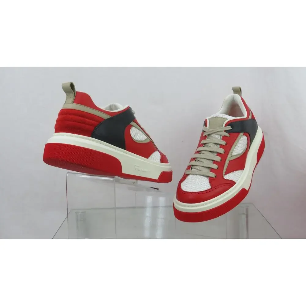 NIB FERRAGAMO CASSINA RED BLACK LEATHER LOGO LACE UP SNEAKERS 12 M ITALY - Picture 7 of 13